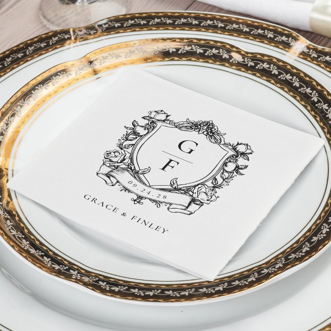 Elegant French Roses Monogram Crest Wedding Napkins (Creator Uploaded)