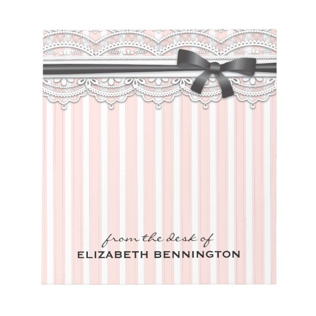 Elegant French Stripes & Lace Personalized Notepad (Front)