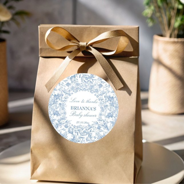 Elegant French toile blue baby shower favor Classic Round Sticker (Elegant French toile dusty blue boy baby shower thank you favor Sticker template botanical favor)