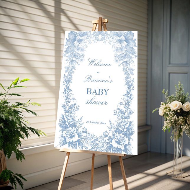 Elegant French toile blue baby shower welcome sign (Elegant French toile dusty blue baby shower welcome sign board vintage botanical welcome sign)