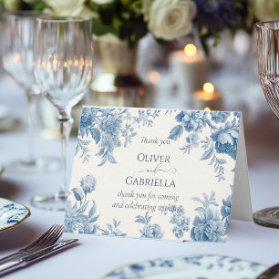 Elegant French toile Blue Floral Wedding Letterpress Thank You Card