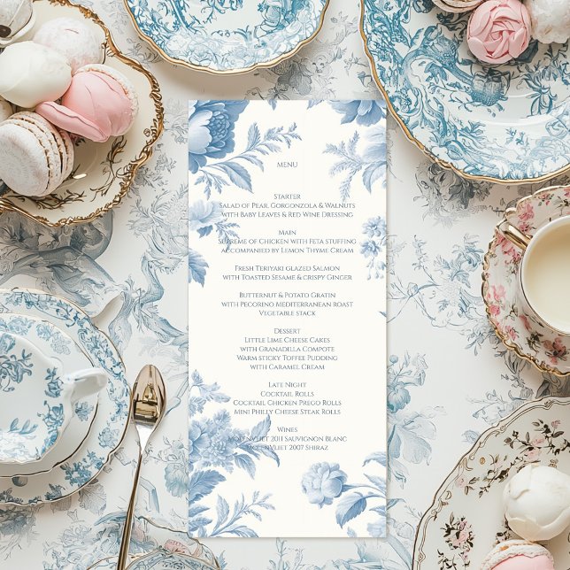 Elegant French toile Blue Floral Wedding Menu (Creator Uploaded)