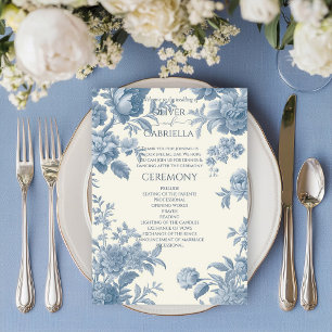 Elegant French toile Blue Floral Wedding Program