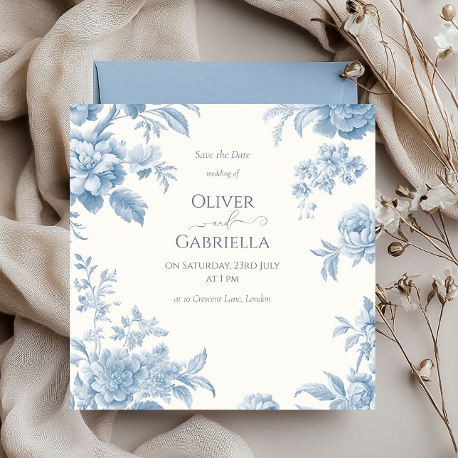 Elegant French toile Blue Floral Wedding Save The Date (Creator Uploaded)