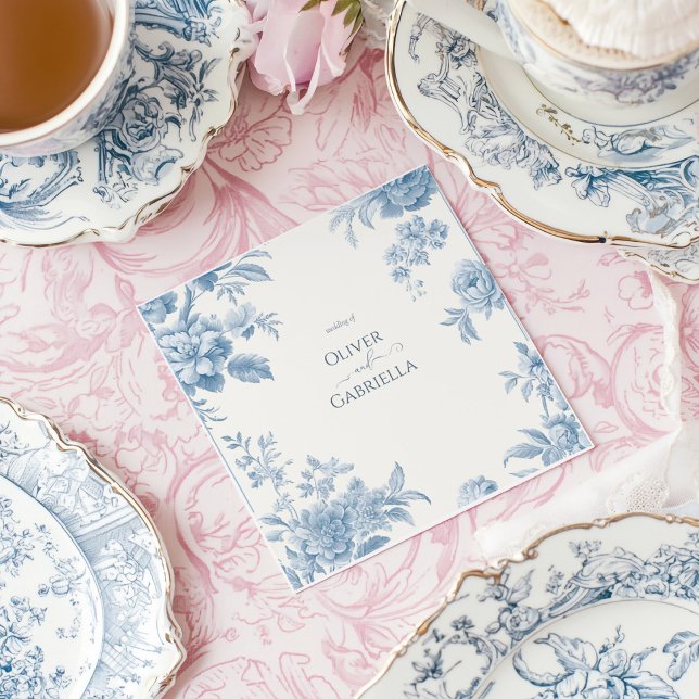 Elegant French toile Blue Floral Wedding Square Paper Coaster (Creator Uploaded)