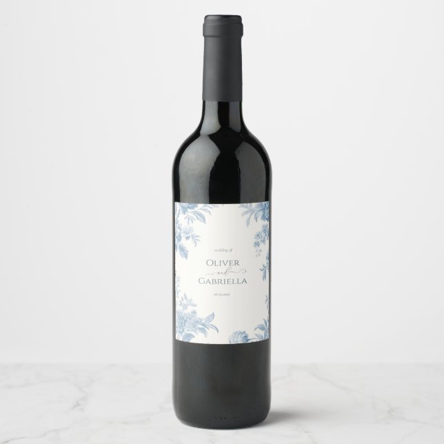 Elegant French toile Blue Floral Wedding Wine Label (Front)