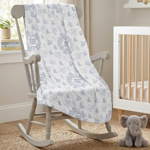 Elegant French Toile Blue White Monogram Name Baby Blanket