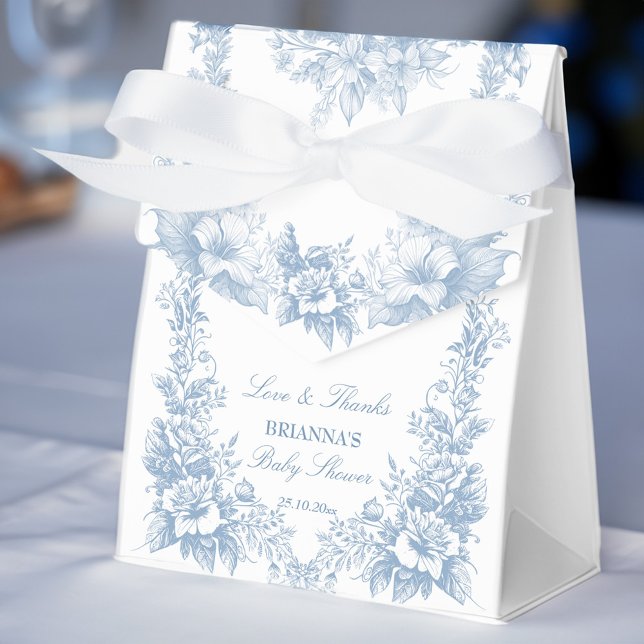 Elegant French toile chinoiserie blue baby shower Favor Boxes (Elegant French toile chinoiserie dusty blue boy baby shower favors personalized  Favor Boxes)