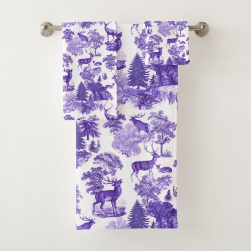 Elegant French Toile Deer Forest Periwinkle Bath Towel Set