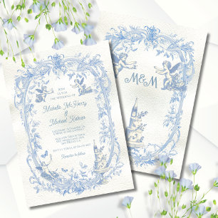Elegant French Toile Floral cupid angel Wedding Invitation