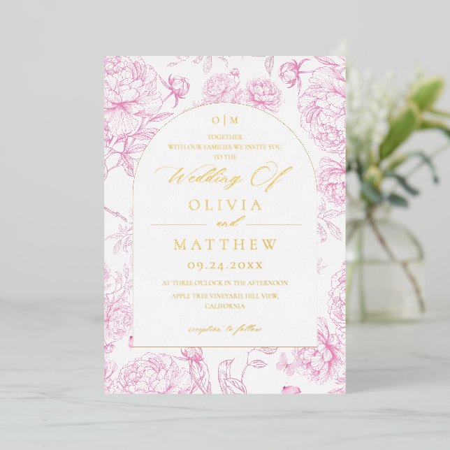 Elegant French Toile Peony Wedding  Foil Invitation (Standing Front)