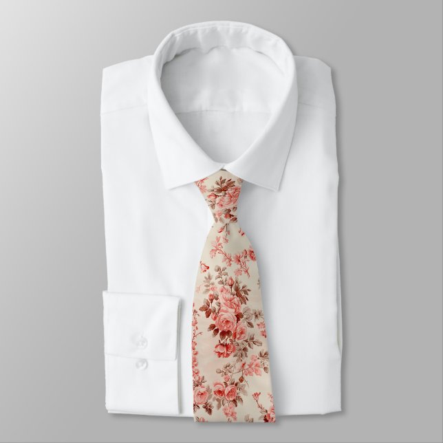 Elegant French Toile Pink Floral Pattern Neck Tie (Tied)