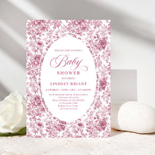 Elegant French Toile Roses Dusky Pink Baby Shower Invitation