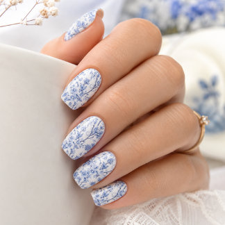 Elegant French Vintage Blue and White Floral Minx Nail Art