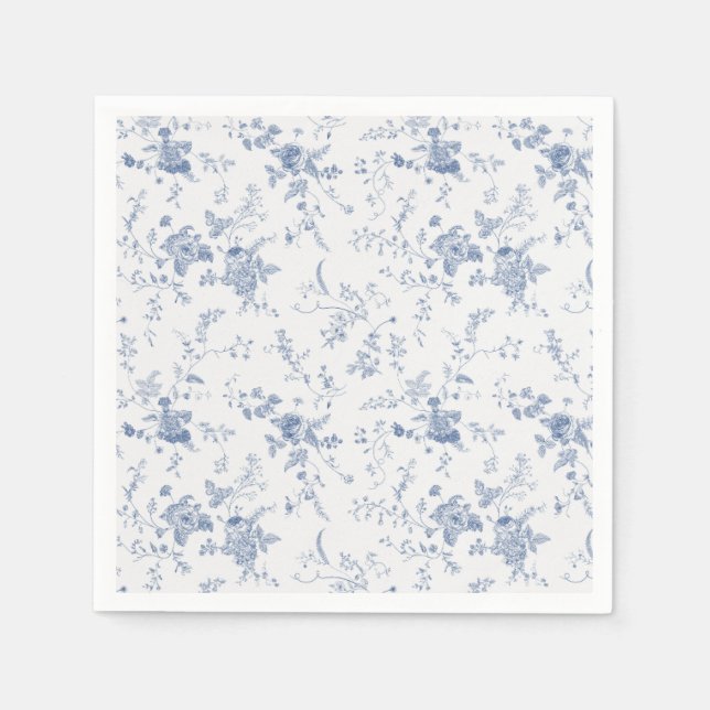 Elegant French Vintage Blue Floral Jouy Napkins (Front)