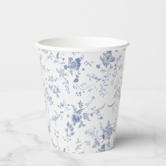 Elegant French Vintage Blue Floral Jouy Paper Cups (Front)