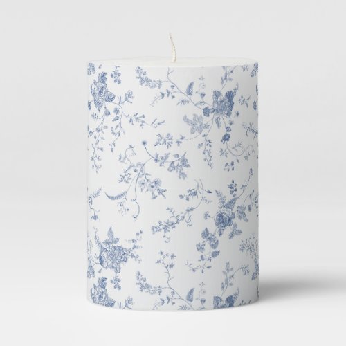 Elegant French Vintage Blue Floral Jouy Pillar Candle