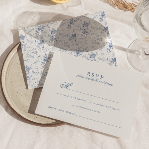 Elegant French Vintage Blue Floral Jouy Wedding  RSVP Card