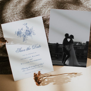 Elegant French Vintage Blue Floral Save The Date Invitation