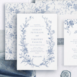 Elegant French Vintage Blue Floral Wedding Invitation