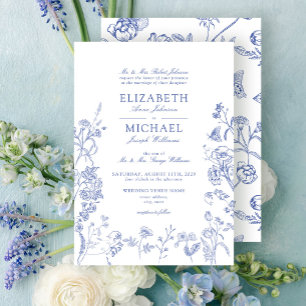 Elegant French Vintage Blue Floral Wedding Invitation