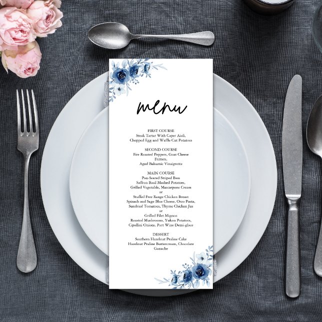 Elegant French Vintage Blue Floral Wedding Menu (Creator Uploaded)