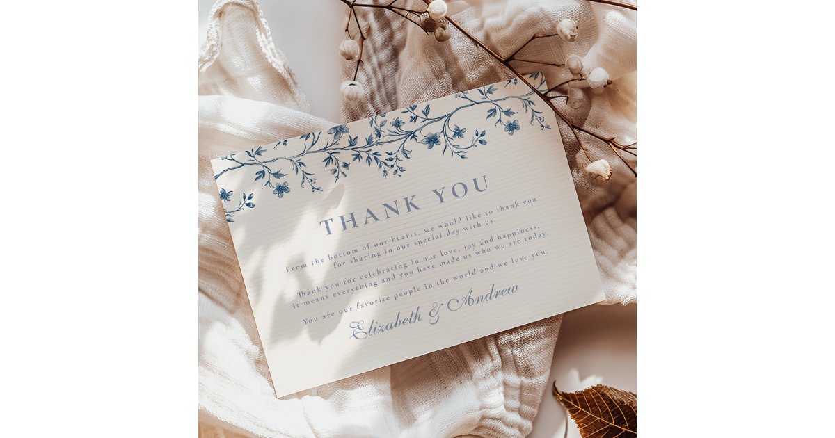 Elegant French Vintage Blue Floral Wedding Thank You Card | Zazzle