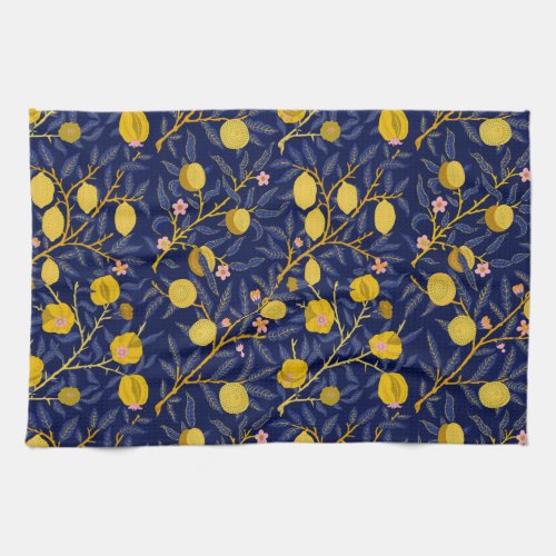 Elegant Fresh Blue Lemon vines pattern Kitchen Towel
