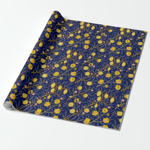 Elegant Fresh Blue Lemon vines pattern Wrapping Paper