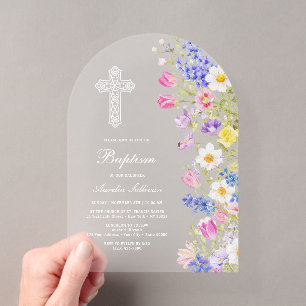 Elegant Fresh Meadow Flowers Arch Baptism Acrylic Invitations