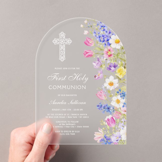 Elegant Fresh Meadow Flowers Arch First Communion Acrylic Invitations (Insitu (Handheld))