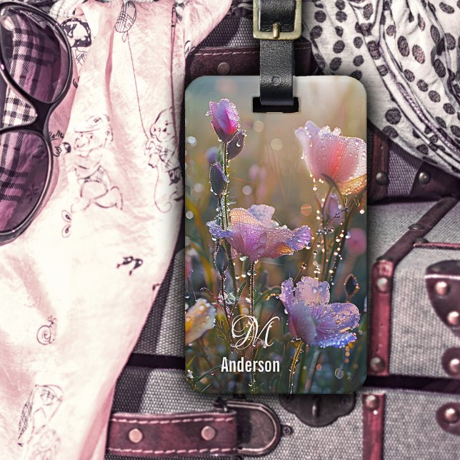 Elegant Fresh Summer Wildflowers Luggage Tag (Elegant luggage tag featuring fresh dew covered lavender summer flowers - with monogram)