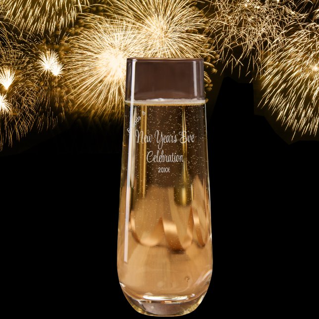 Elegant Friends New Year's Typography Personalize Stemless Champagne Flute (Friends New Year's Eve Etched Champagne Flute, to welcome or gift your guest with, personalize!)