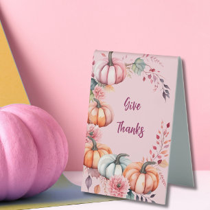 Elegant Friendsgiving Watercolor Pink Pumpkins Table Tent