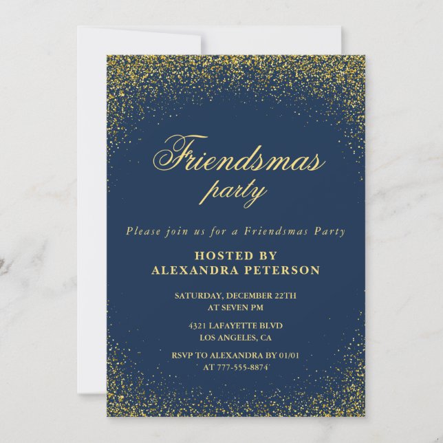 Elegant Friendsmas invitations Gold Navy Glam (Front)