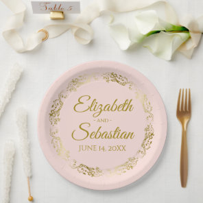 Elegant Frilly Border Blush Pink & Gold Wedding Paper Plates
