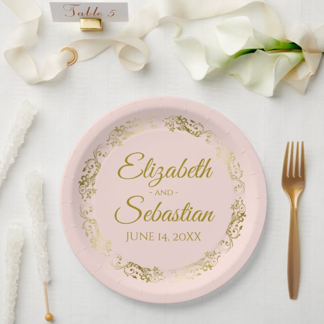 Elegant Frilly Border Blush Pink & Gold Wedding Paper Plates (Wedding)