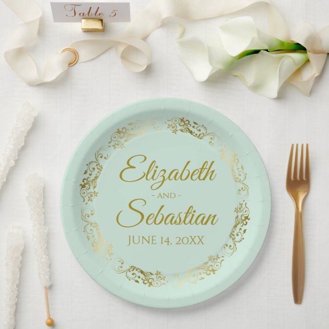 Elegant Frilly Border Mint Green & Gold Wedding Paper Plates (Wedding)