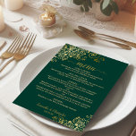 Elegant Frilly Gold Curls on Emerald Green Wedding Menu<br><div class="desc">This beautiful wedding menu is simple,  elegant,  sophisticated and stylish. It features an elegant emerald green design with lacy gold script calligraphy and delicate golden curls and swirls in the corners. The back is a beautiful marbled gold color.</div>