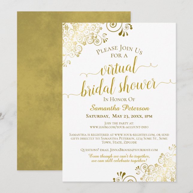 Elegant Frilly Gold & White Virtual Bridal Shower Invitation (Front/Back)