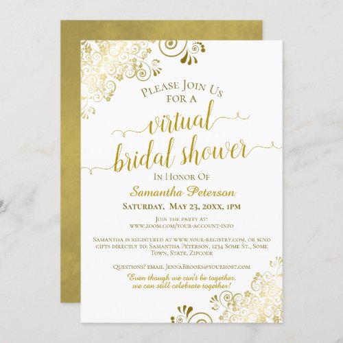 Elegant Frilly Gold  White Virtual Bridal Shower Invitation