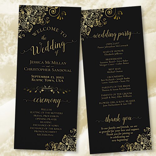 Elegant Frilly Ornate Black  Gold Wedding Program