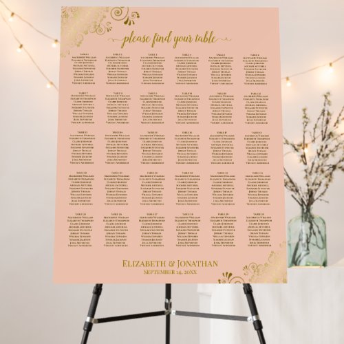 Elegant Frilly Peach & Gold 30 Table Seating Chart Foam Board