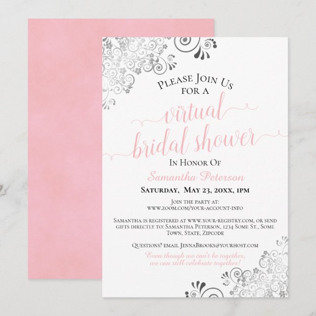 Elegant Frilly Pink & White Virtual Bridal Shower Invitation (Front/Back)