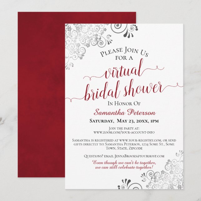 Elegant Frilly Red & White Virtual Bridal Shower Invitation (Front/Back)