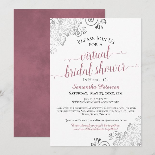 Elegant Frilly Rose on White Virtual Bridal Shower Invitation (Front/Back)