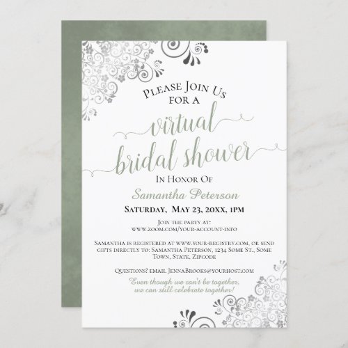 Elegant Frilly Sage on White Virtual Bridal Shower Invitation