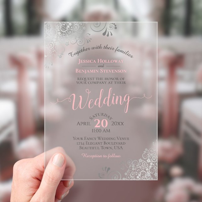 Elegant Frilly Silver & Pink Calligraphy Wedding Acrylic Invitations (Frosted Acrylic with Rectangle Cut)