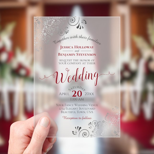 Elegant Frilly Silver with Red Calligraphy Wedding Acrylic Invitations (Frosted with Rectangle Cut)