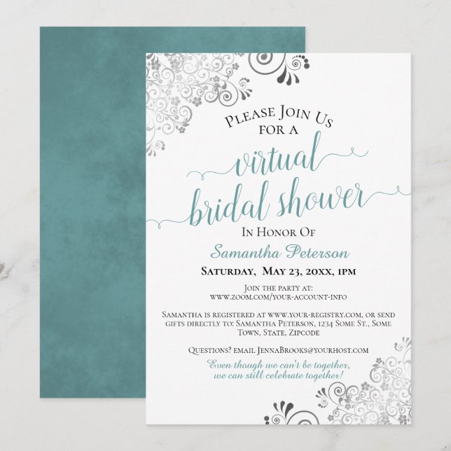 Elegant Frilly Teal on White Virtual Bridal Shower Invitation (Front/Back)